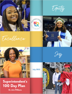 Cover page of NOLA superintendent Dr. Avis Williams' 100-day plan